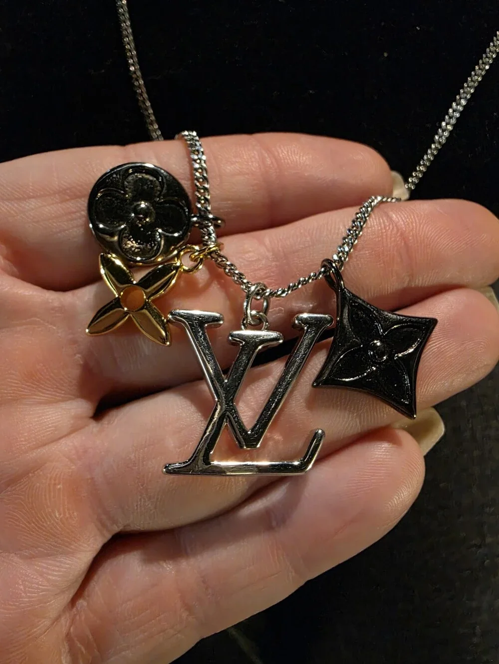 USED...UPCYCLED LV Silver Charm Necklace with Mixed Charms - Silver